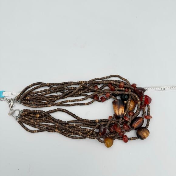 Chico’s Multi Strand Wood Bead Brown Red Stones Short Chunky Statement Necklace - Picture 7 of 8